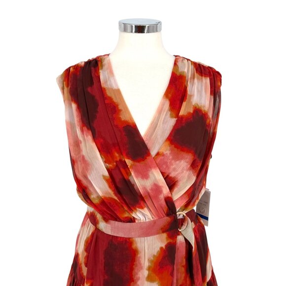 Taylor Printed Wrap Sleeveless Dress Red Pink Floral With Belt Size XL NWT - Picture 2 of 12